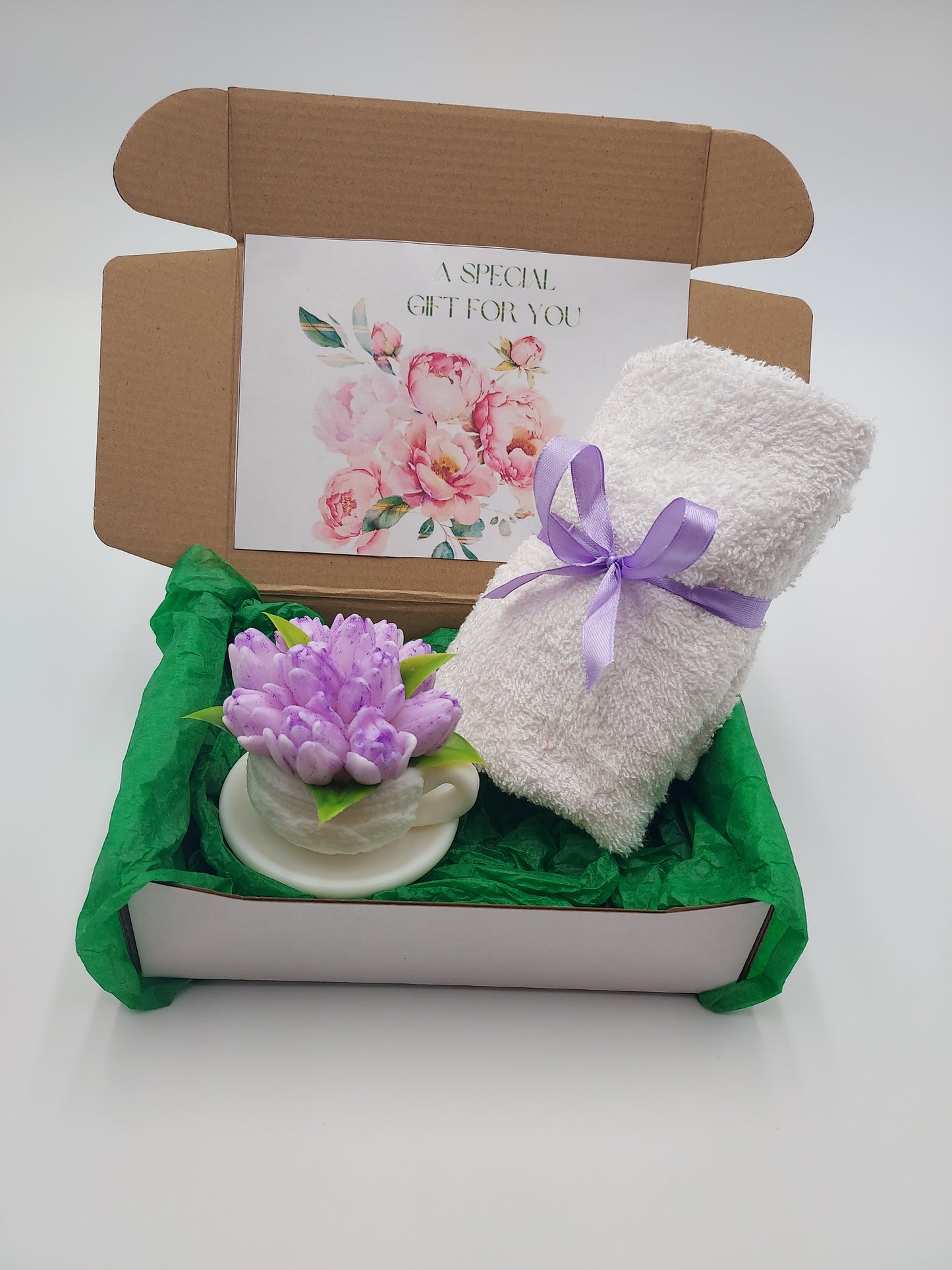 Handcrafted Shea Butter Glycerin Teacup Soap and Towel Spa Set - Floral Scent