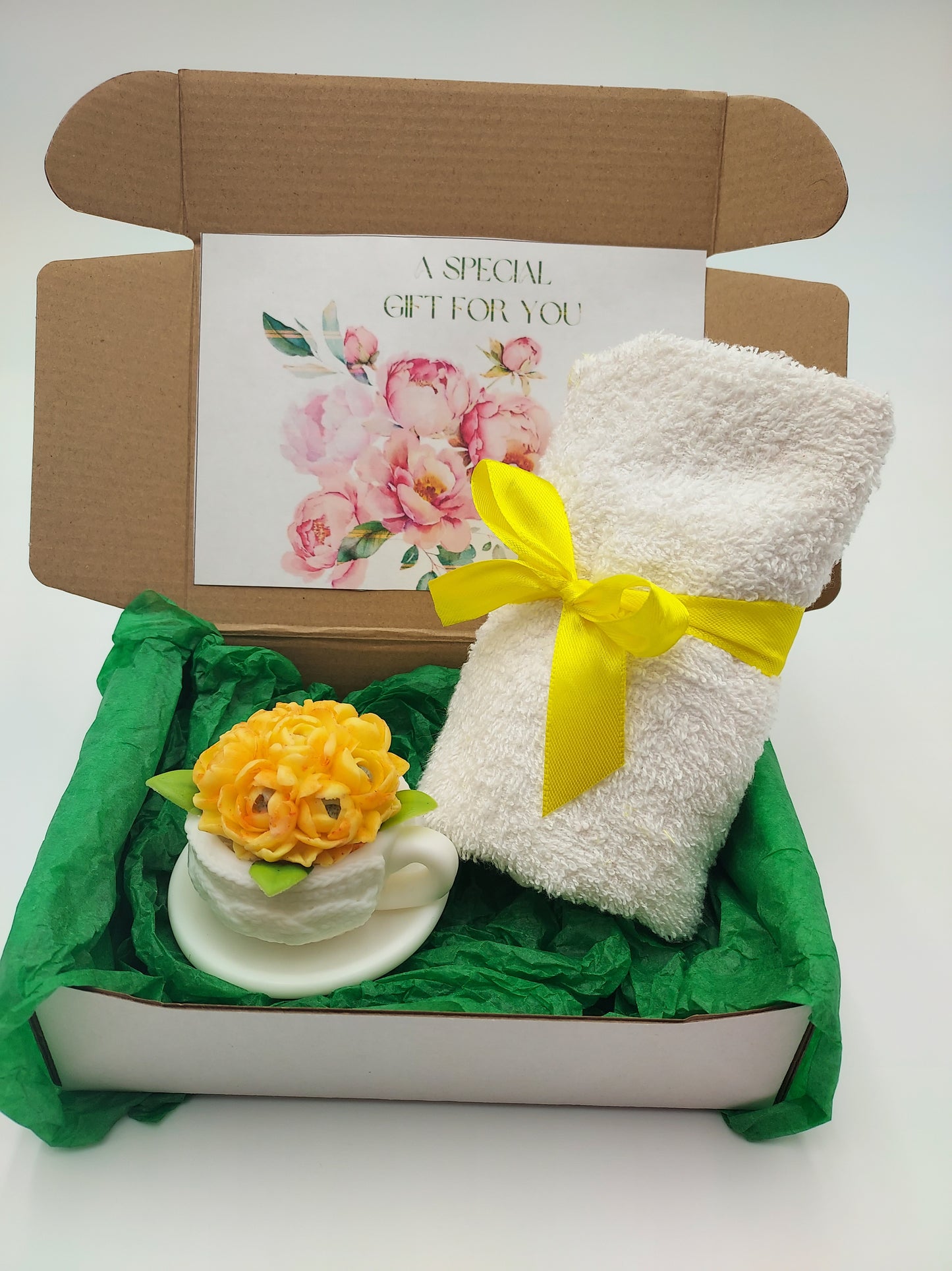 Handcrafted Shea Butter Glycerin Teacup Soap and Towel Spa Set - Floral Scent
