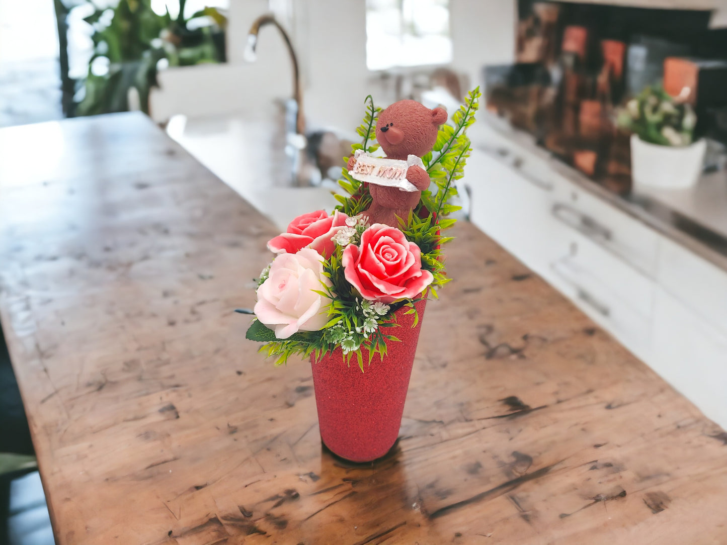 Light Pink Soap Bouquet with Bear Figure: Best Mom Sign