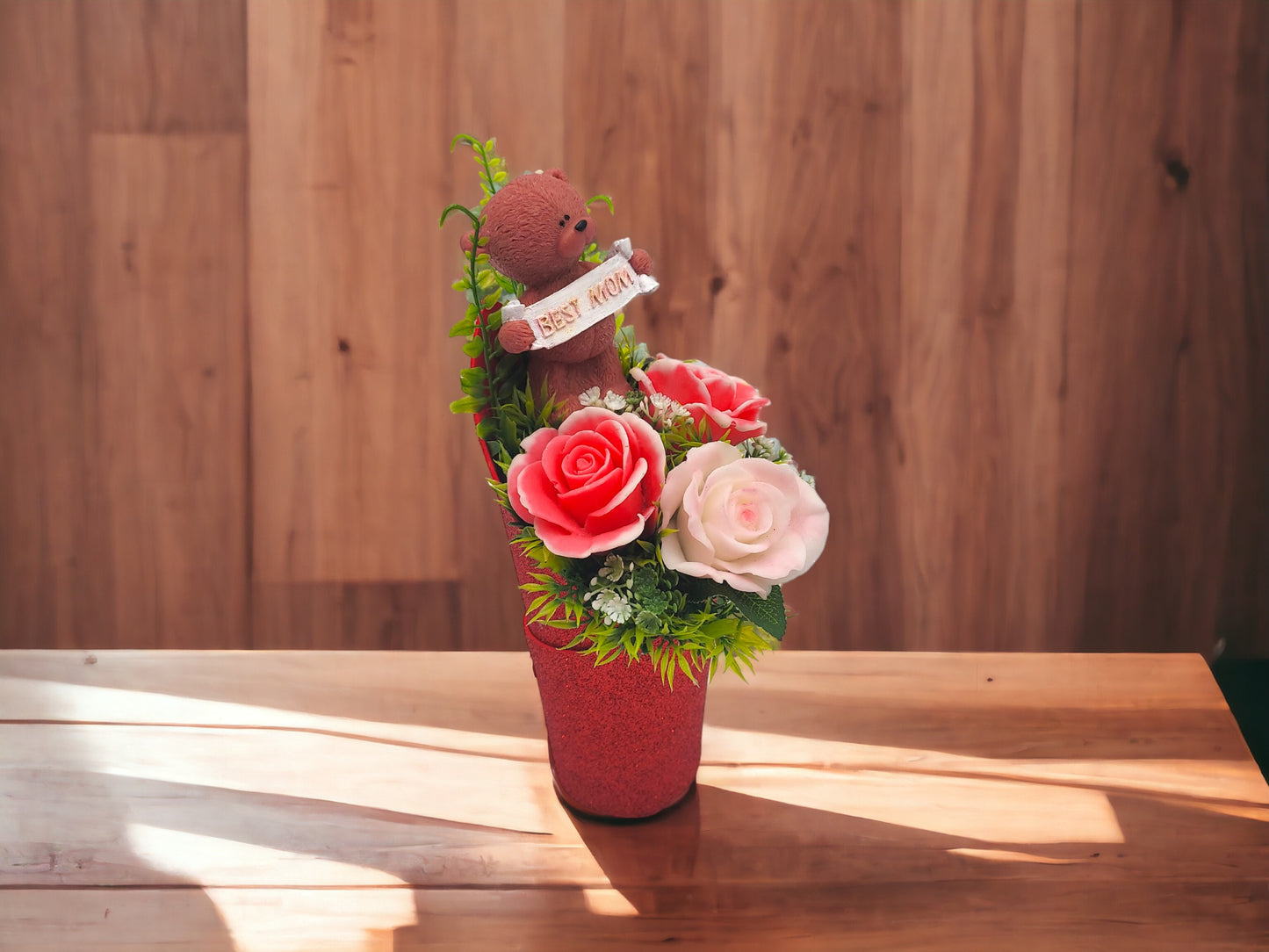 Light Pink Soap Bouquet with Bear Figure: Best Mom Sign