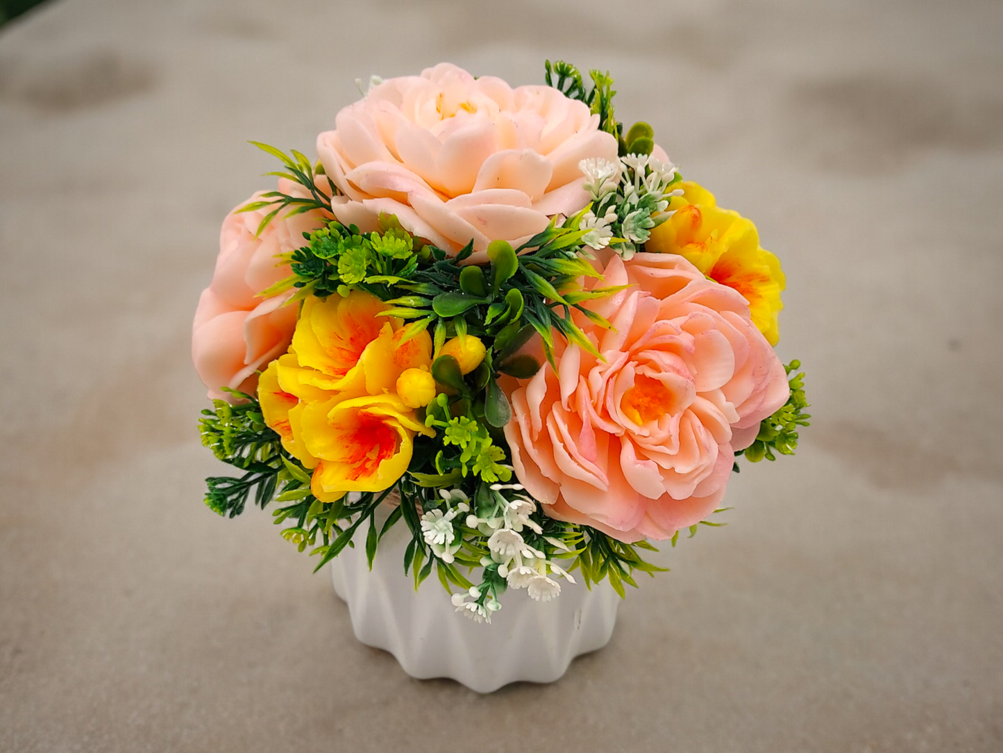 Sunset-Inspired Soap Flowers Bouquet with Peonies & Polyantha Roses