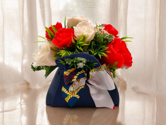 Red & White Roses in Blue Bag