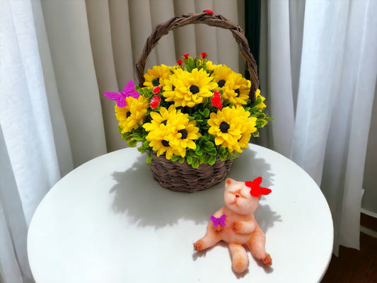 Sunflowers Soap in Wicker Basket and Lazy Cat Figure