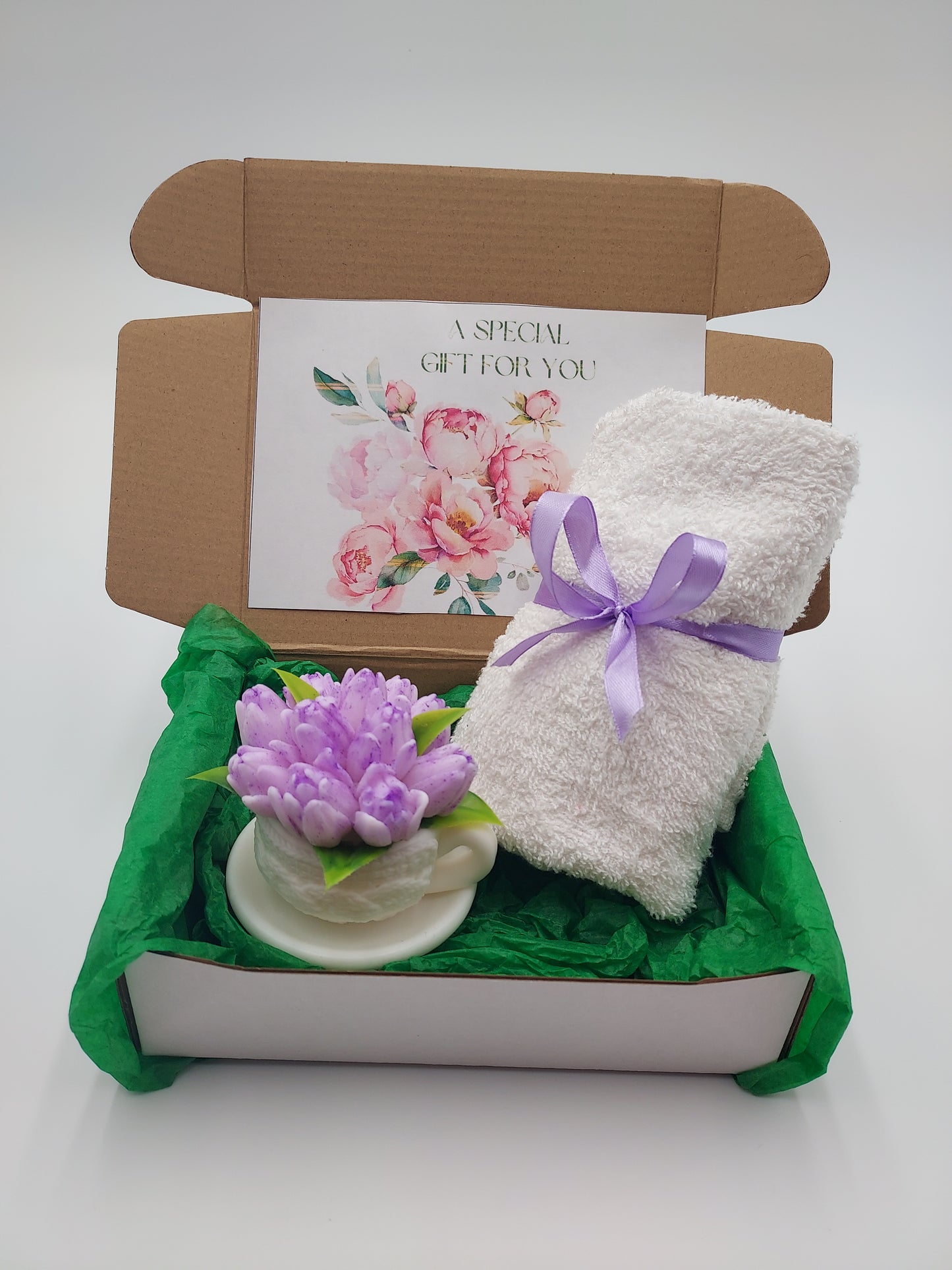 Handcrafted Shea Butter Glycerin Teacup Soap and Towel Spa Set - Floral Scent
