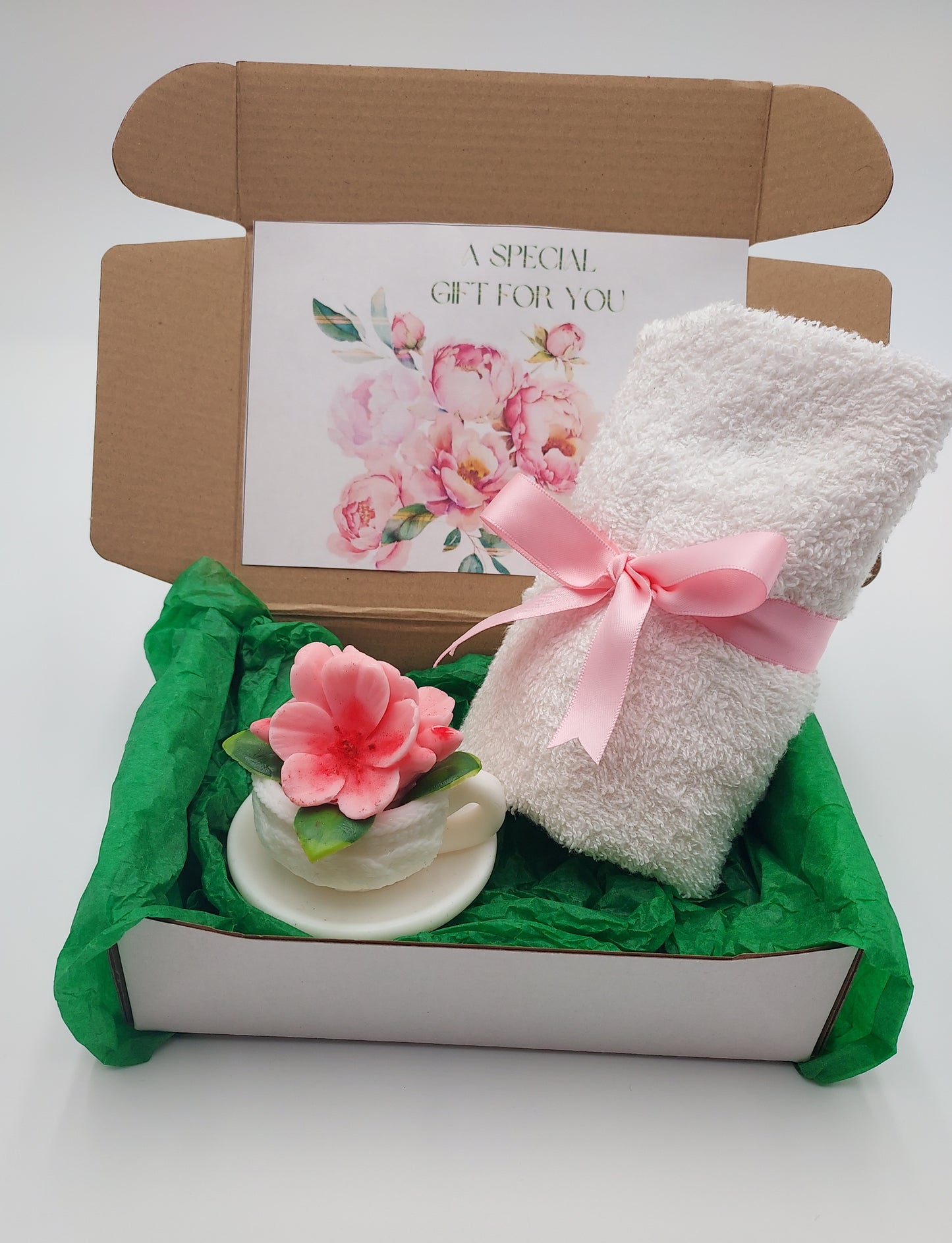 Handcrafted Shea Butter Glycerin Teacup Soap and Towel Spa Set - Floral Scent