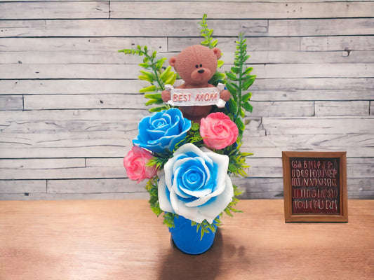 Blue and Pink Soap Bouquet with Bear Figure: Best Mom Sign