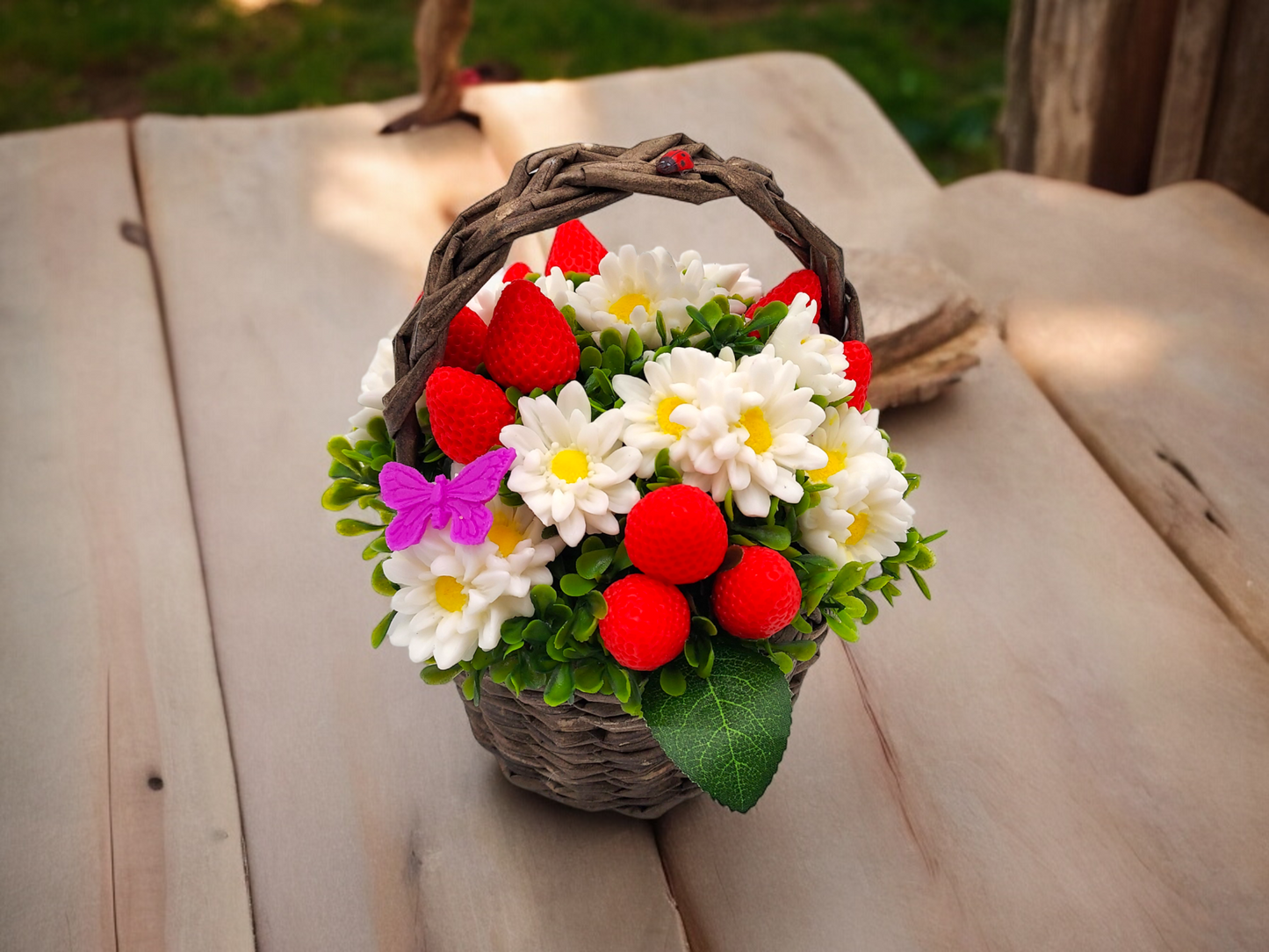Chamomile & Strawberry Shaped Soap Bouquet in Wicker Basket