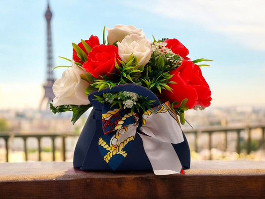 Red & White Roses in Blue Bag