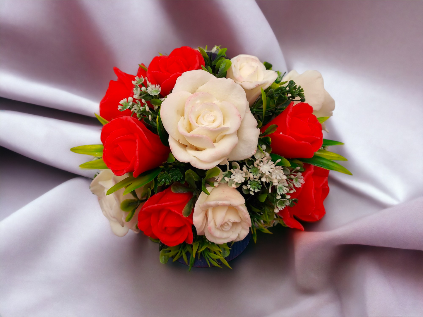 Red & White Roses in Blue Bag