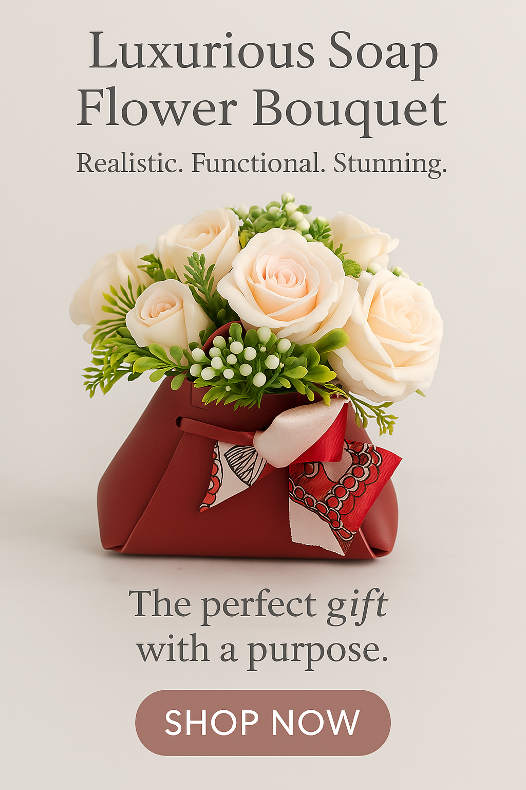White Roses in Red Bag