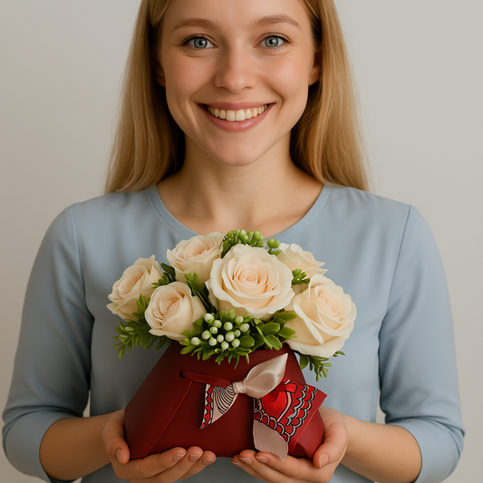White Roses in Red Bag