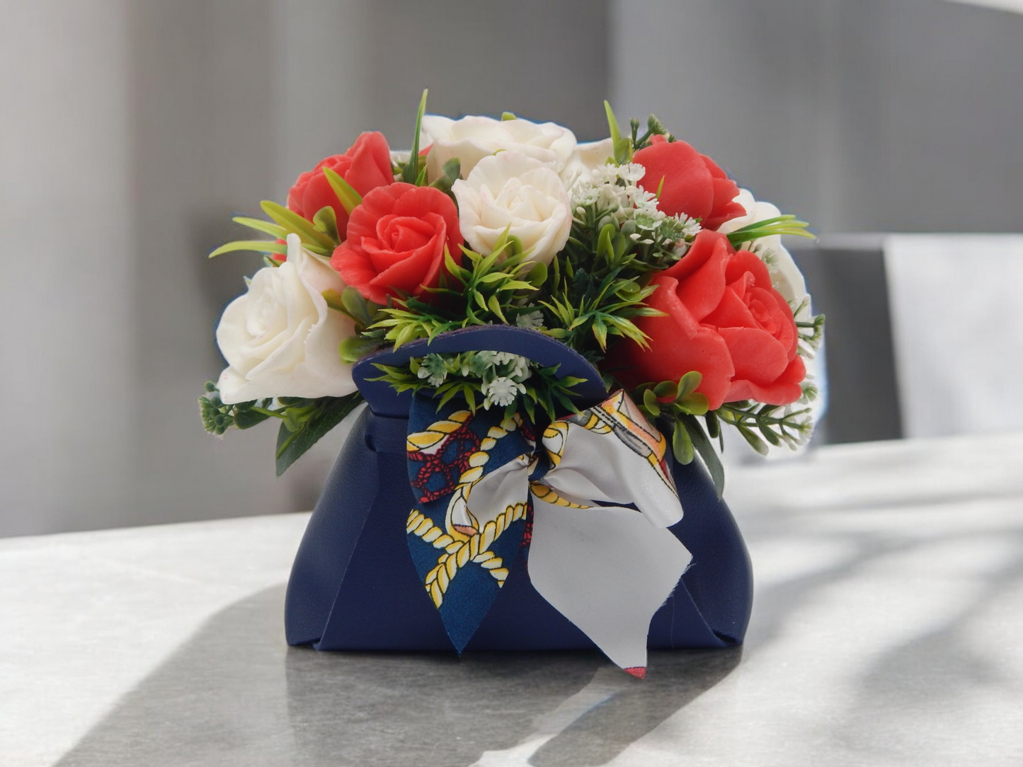 Red & White Roses in Blue Bag