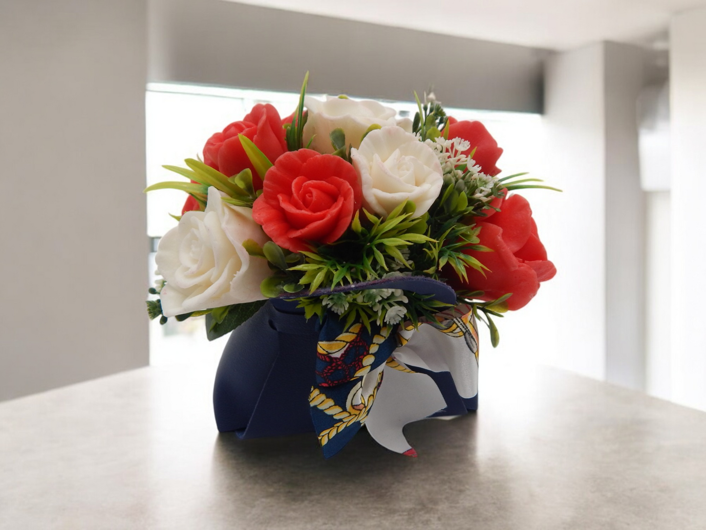 Red & White Roses in Blue Bag