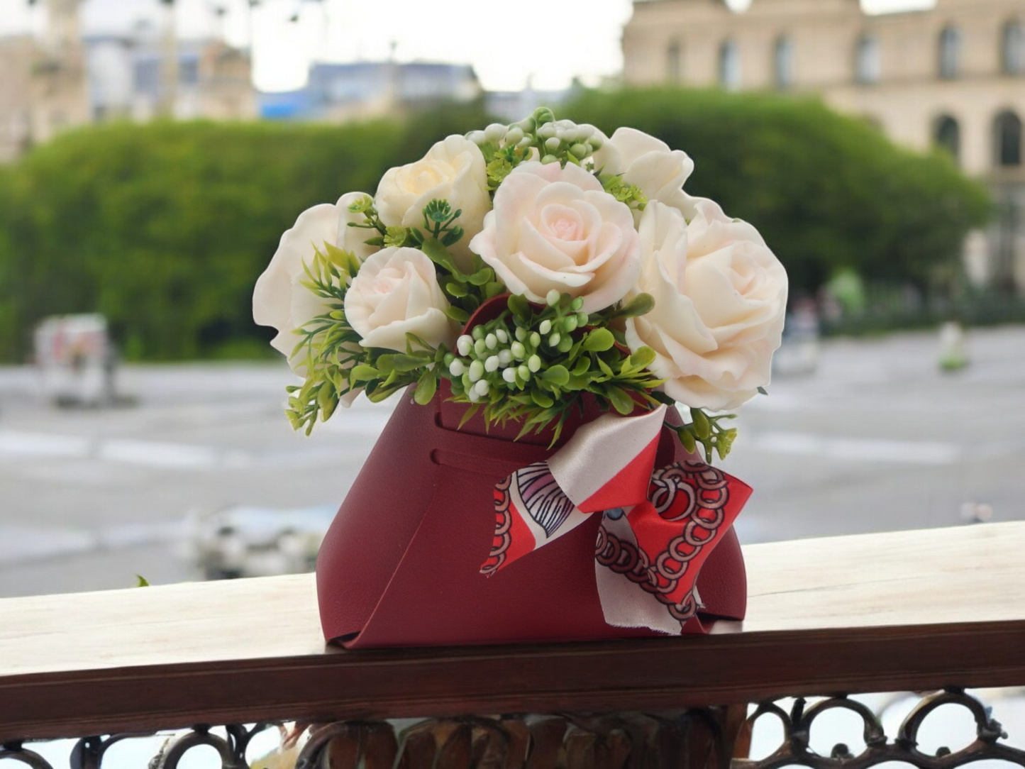 White Roses in Red Bag