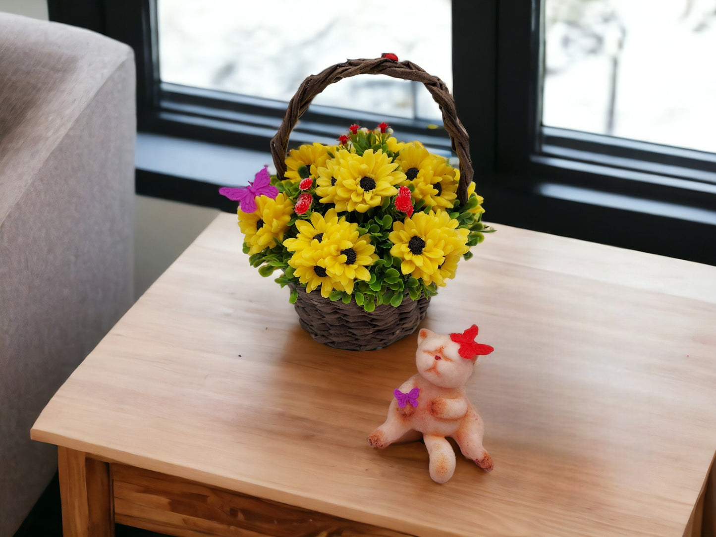 Sunflowers Soap in Wicker Basket and Lazy Cat Figure