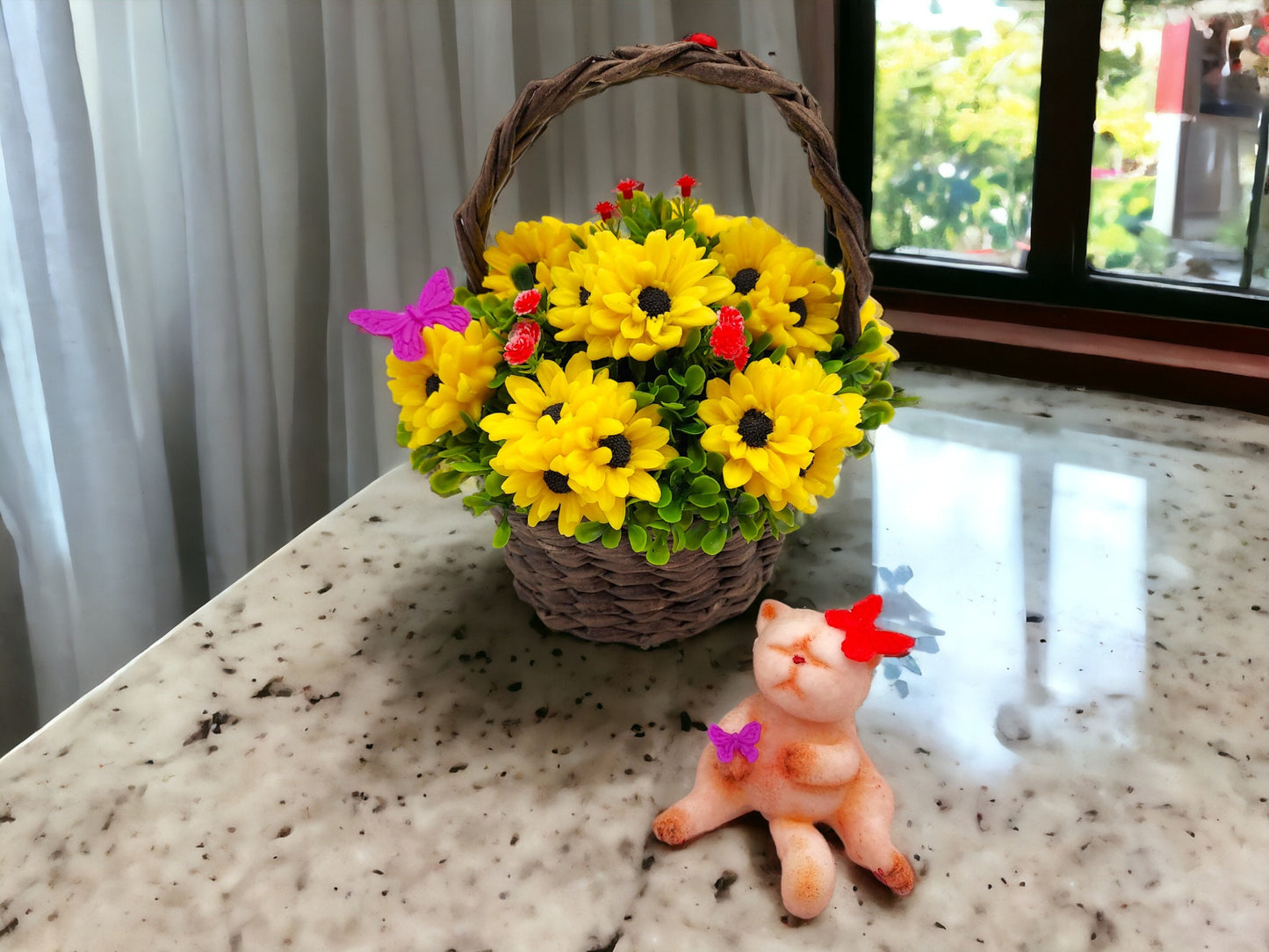 Sunflowers Soap in Wicker Basket and Lazy Cat Figure