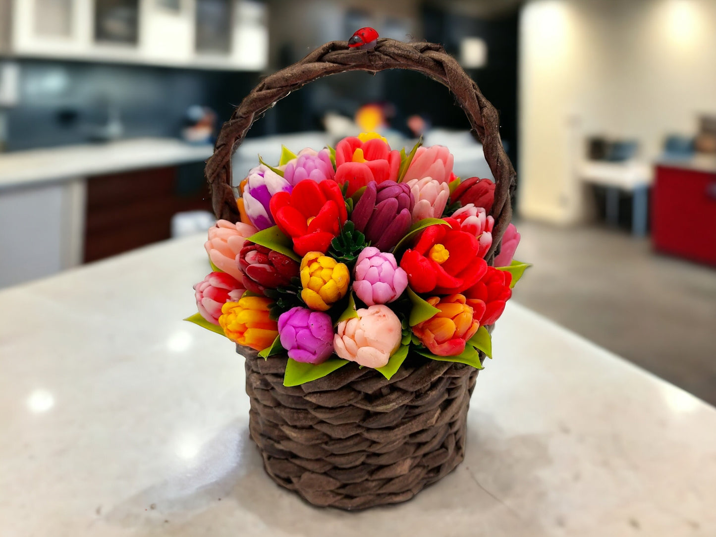 Tulip Soap Flowers in Wicker Basket - Perfect Mother's Day and Spring Spirit Gift
